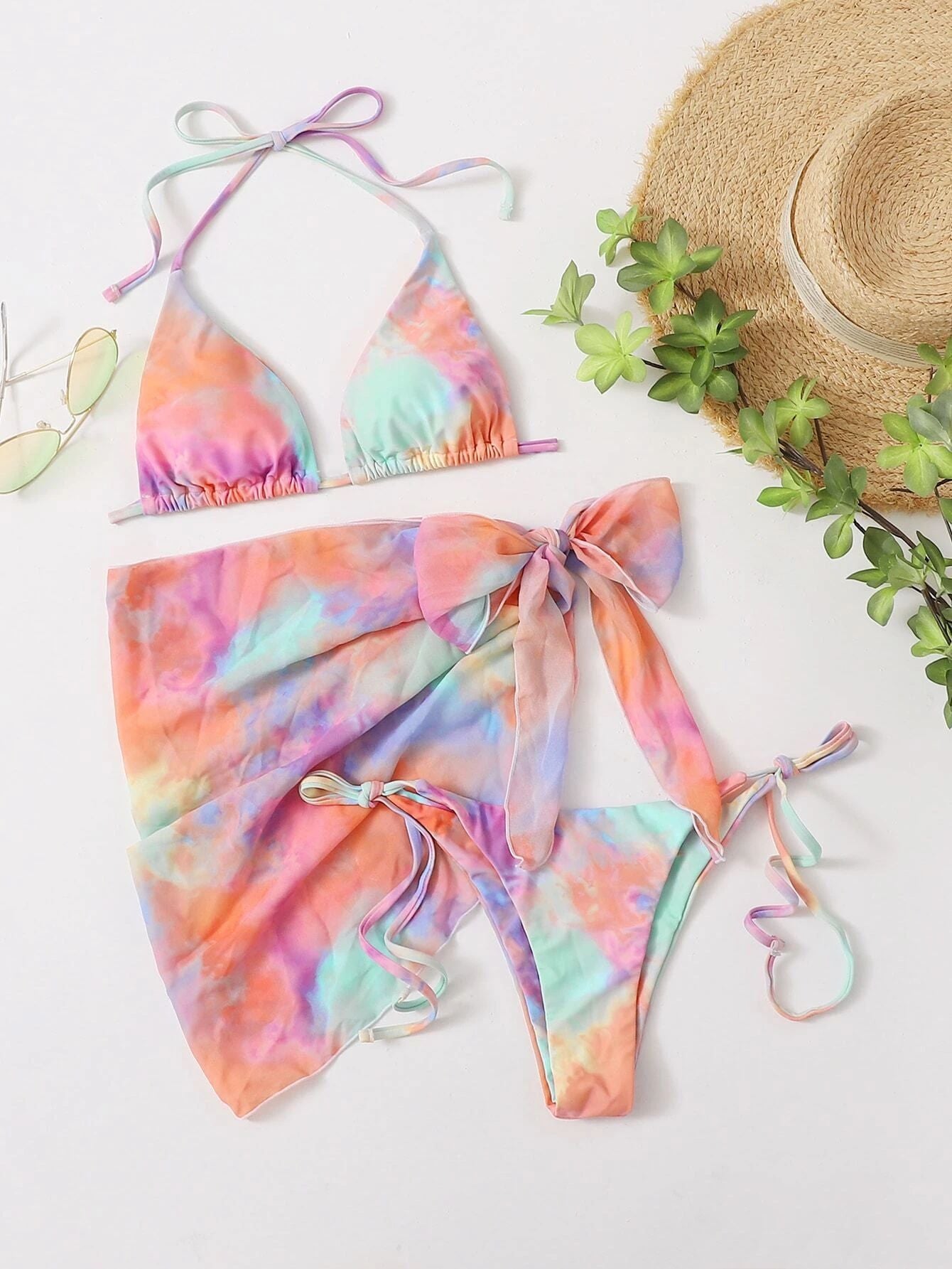 Wholesale Tie-dyed three-piece colorful chiffon swimsuit